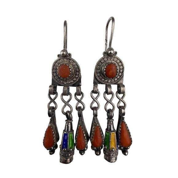 Vintage Kabyle Tribal Silver Dangle Earrings Orange Glass & Enamel - Picture 1 of 4